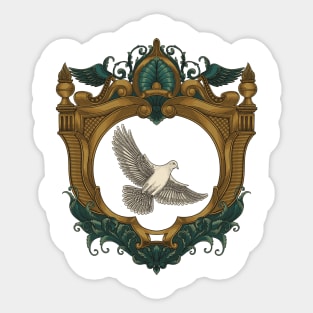 Dove in antique gold frame. Vintage Engraving drawing style, vector Illustration Sticker